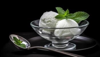 une rafraîchissant bol de menthe la glace crème sur une noir assiette généré par ai photo