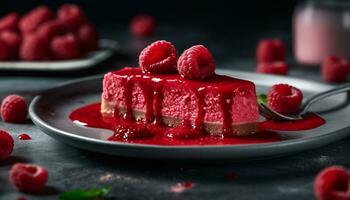 framboise dessert, gourmet fruit sur plaque, fait maison Chocolat cheesecake généré par ai photo