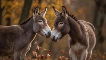 mignonne âne dans prairie, profiter la nature beauté et relation amicale généré par ai photo