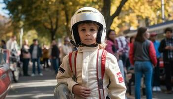 souriant les enfants en jouant en plein air, profiter l'automne, portant des sports casques pour sécurité généré par ai photo