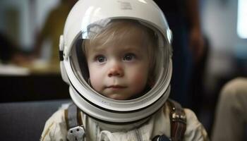 mignonne bébé garçon souriant, à la recherche à caméra, en jouant avec jouet généré par ai photo