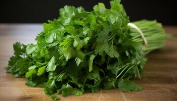 Frais persil feuille, en bonne santé alimentaire, biologique légume, proche en haut sur Coupe planche généré par ai photo