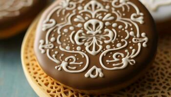 fait maison Chocolat biscuit avec glaçage, décoré avec Frais fruit généré par ai photo