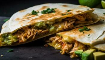 fraîchement cuit du boeuf taco sur une en bois assiette avec guacamole et coriandre généré par ai photo