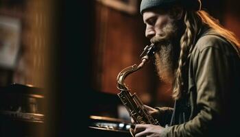 une musicien en jouant une saxophone, soufflant avec compétence et concentration généré par ai photo