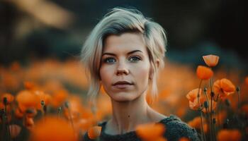 Jeune femme avec blond cheveux souriant, à la recherche à caméra dans la nature généré par ai photo