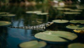 une visqueux serpent glisse par le humide vert marais l'eau généré par ai photo