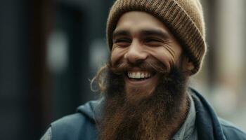 souriant homme avec barbe dégage confiance et bonheur en plein air généré par ai photo