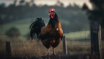 une majestueux coq permanent dans une herbeux prairie, à la recherche fier généré par ai photo