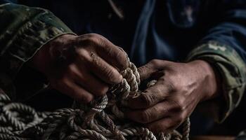 une qualifié homme détient une corde, travail avec le sien mains généré par ai photo