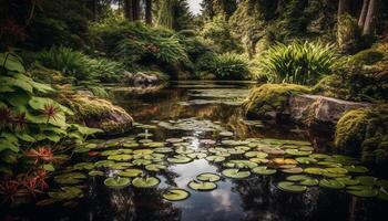 tranquille scène de une vert forêt avec écoulement l'eau et fougères généré par ai photo