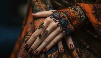 une magnifique Indien la mariée avec une vibrant henné tatouage et bijoux généré par ai photo