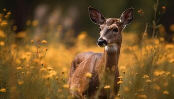 mignonne cerf pâturage dans prairie, entouré par tranquille la nature généré par ai photo