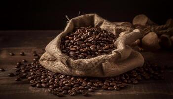 fraîchement rôti café des haricots dans une toile de jute sac sur en bois table généré par ai photo