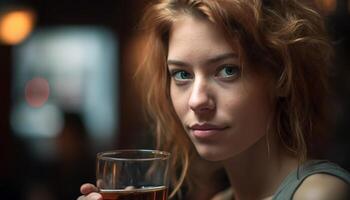 Jeune femme avec marron cheveux, souriant, en portant une verre de du vin généré par ai photo