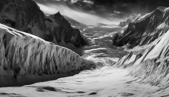 majestueux Montagne de pointe dans neigeux paysage, congelé eau, extrême terrain généré par ai photo