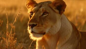 majestueux lionne dans le sauvage, regarder à caméra dans le coucher du soleil généré par ai photo