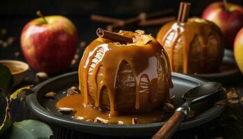 une Frais Pomme tranche sur une en bois plaque, l'automne indulgence généré par ai photo