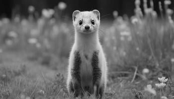 mignonne suricate séance dans herbe, en train de regarder, curieux, rayé, généré par ai photo