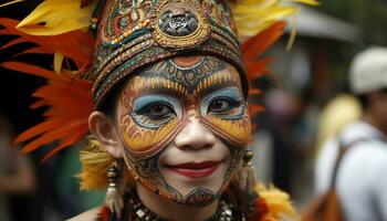 souriant femme dans traditionnel Vêtements à coloré indigène Festival généré par ai photo