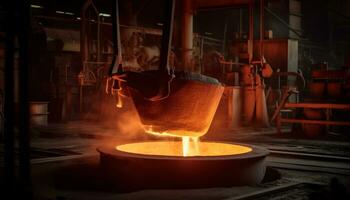 fusion métal industrie verser liquide acier dans atelier fourneau généré par ai photo