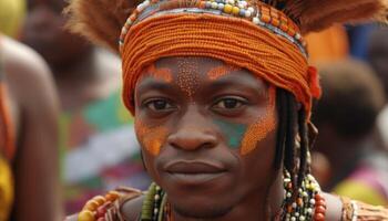 souriant africain femmes dans traditionnel Vêtements célébrer indigène culture en plein air généré par ai photo