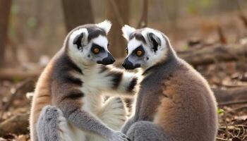 mignonne bague à queue maki séance sur bifurquer, à la recherche à caméra généré par ai photo