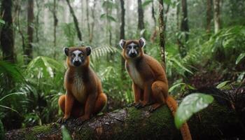 mignonne bague à queue maki séance sur une branche dans le forêt généré par ai photo