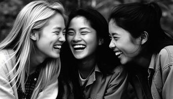 souriant Jeune femmes en riant en plein air, profiter relation amicale et unité généré par ai photo