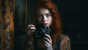 Jeune adulte femme photographe en portant caméra, à la recherche à caméra à l'intérieur généré par ai photo