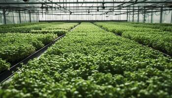 serre croissance dans agriculture, plante fraîcheur dans une rangée sur ferme généré par ai photo