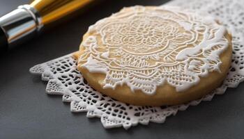 fait maison gourmet sables biscuit sur une rustique nappe de table, proche en haut coup généré par ai photo