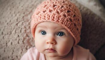 mignonne bébé fille et garçon souriant, portant hiver casquettes en plein air généré par ai photo