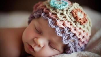 mignonne bébé garçon en train de dormir pacifiquement, enveloppé dans une chaud tricoter chapeau généré par ai photo