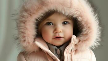 mignonne enfant portrait, petit garçon souriant, hiver fourrure, de bonne humeur bonheur généré par ai photo