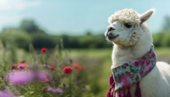 mignonne alpaga pâturage dans vert prairie, profiter le ensoleillé journée généré par ai photo