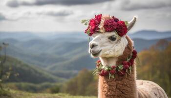 alpaga pâturage sur vert herbe, souriant dans magnifique l'automne Prairie généré par ai photo