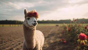 mignonne alpaga pâturage sur vert prairie, profiter le magnifique le coucher du soleil généré par ai photo