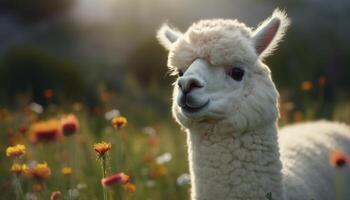 mignonne alpaga pâturage sur vert prairie, duveteux fourrure, souriant généré par ai photo