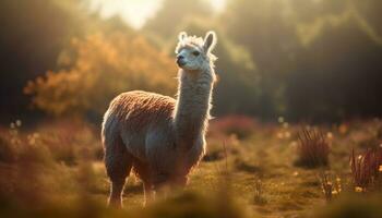 mignonne alpaga pâturage sur vert herbe dans magnifique le coucher du soleil Prairie généré par ai photo