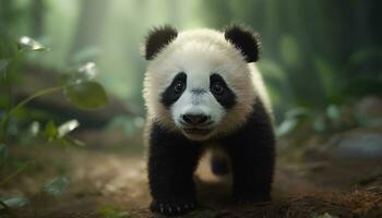 une mignonne géant Panda en mangeant bambou dans le sauvage forêt généré par ai photo