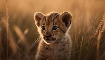 mignonne guépard lionceau à la recherche à caméra dans africain région sauvage généré par ai photo