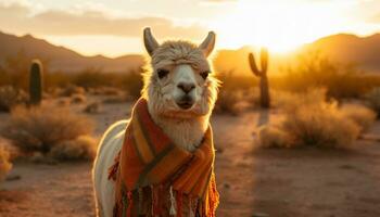 mignonne alpaga dans le coucher de soleil, à la recherche à caméra, entouré par la nature généré par ai photo