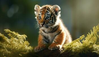 mignonne Bengale tigre lionceau en jouant dans le herbe, regarder à caméra généré par ai photo