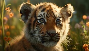 tigre, féroce et beau, cache dans le vert tropical forêt généré par ai photo