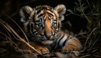 proche en haut portrait de une mignonne Bengale tigre généré par ai photo