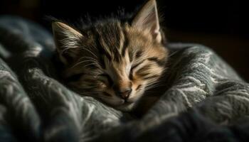 mignonne chaton dormant, fourrure douceur, moustache proche en haut, la nature beauté généré par ai photo