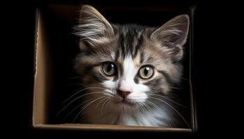 mignonne chaton séance, regarder avec bleu yeux, duveteux fourrure, espiègle généré par ai photo