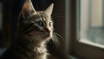 mignonne chaton séance par fenêtre, regarder avec espiègle curiosité généré par ai photo