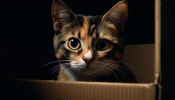 mignonne chaton avec moustaches en regardant, espiègle et curieux, à l'intérieur généré par ai photo